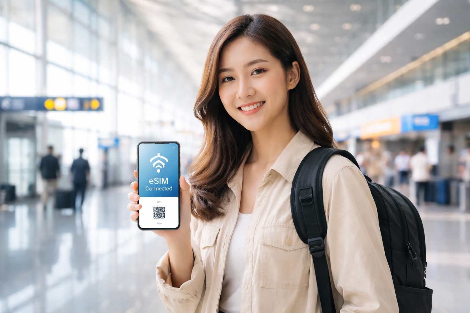 Traveler using smartphone with eSIM connectivity